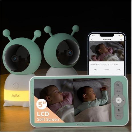 Boifun 2K WiFi Baby Monitor With Two Cameras, Night Light, App & 5" Split-Screen Control, Motion&Cry Detection, Auto Tracking, PTZ, Humidity & Temperature Sensor, 2-Way Audio, Custom Alert Area, Twins